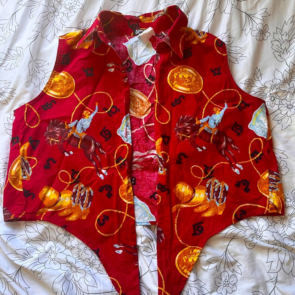 Vintage Shelby Ranch cowboy print tie up sleeveless top